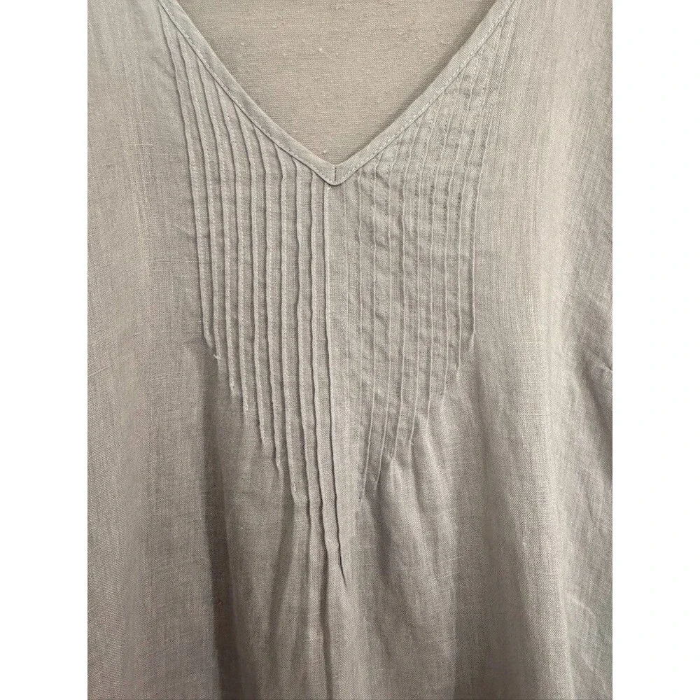 J. Jill Love Linen Sz LARGE PETITE Gray Pintucked Tunic Top 3/4 Sleeve Coastal